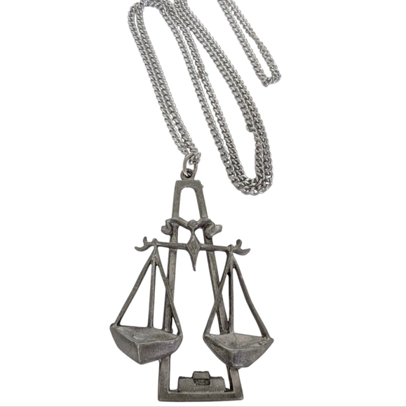 LIBRA Astrology Zodiac October Scale Vintage Necklace Long Pewter Pendent Silver - Picture 4 of 8